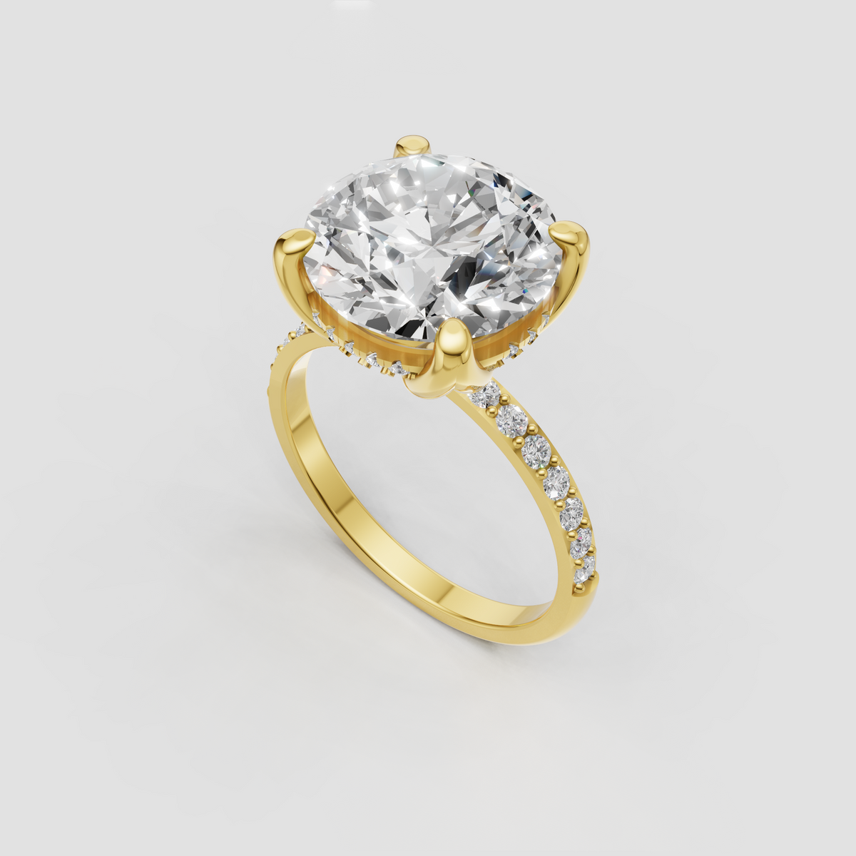 Round brilliant diamond engagement ring with pavé band