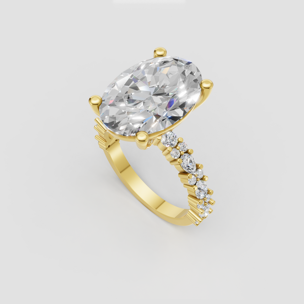 Oval diamond ring with four-prong setting and split-style accent band
