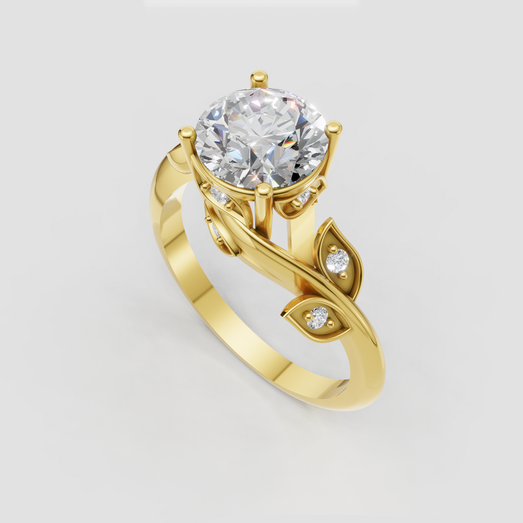 Botanical round diamond engagement ring with leaf details