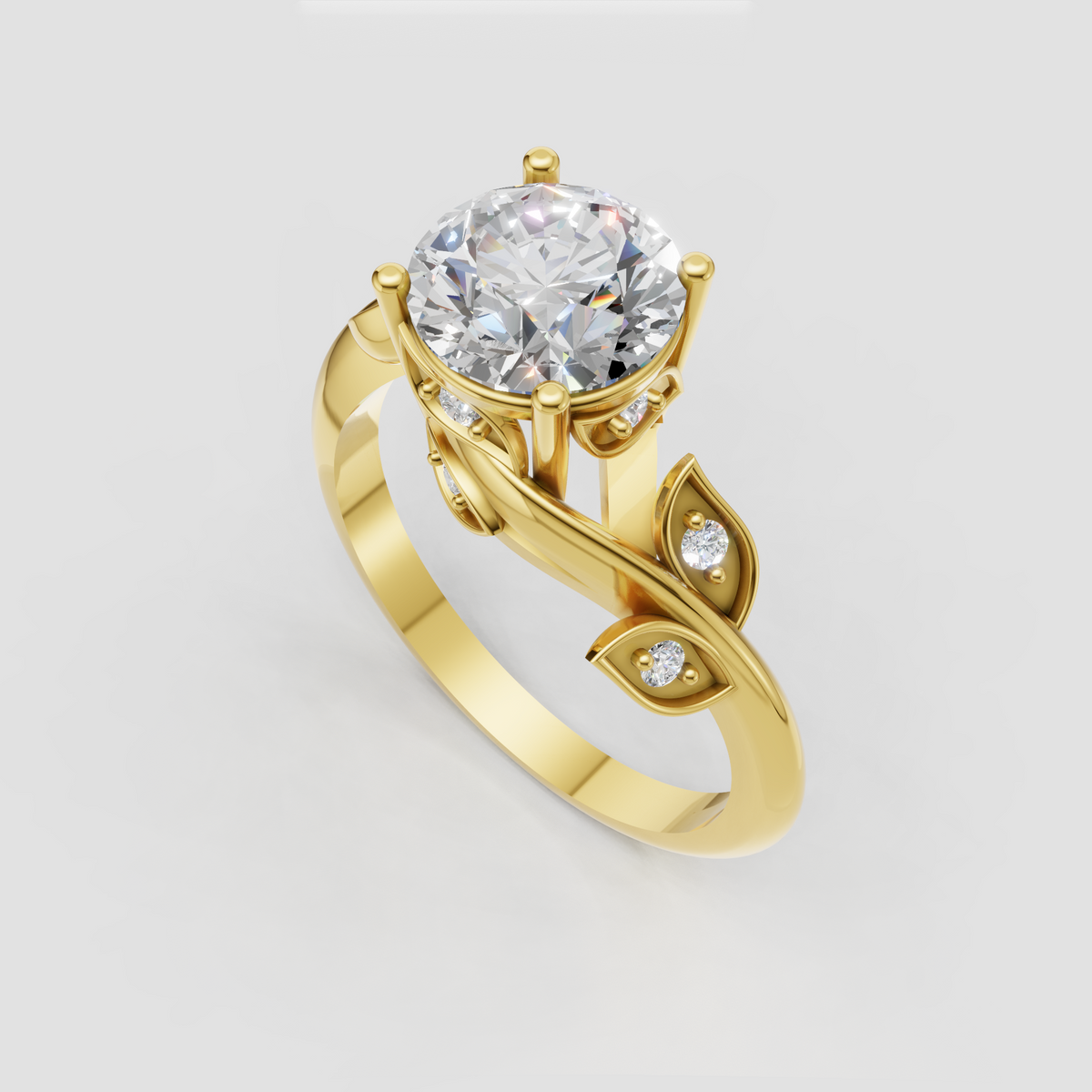 Botanical round diamond engagement ring with leaf details