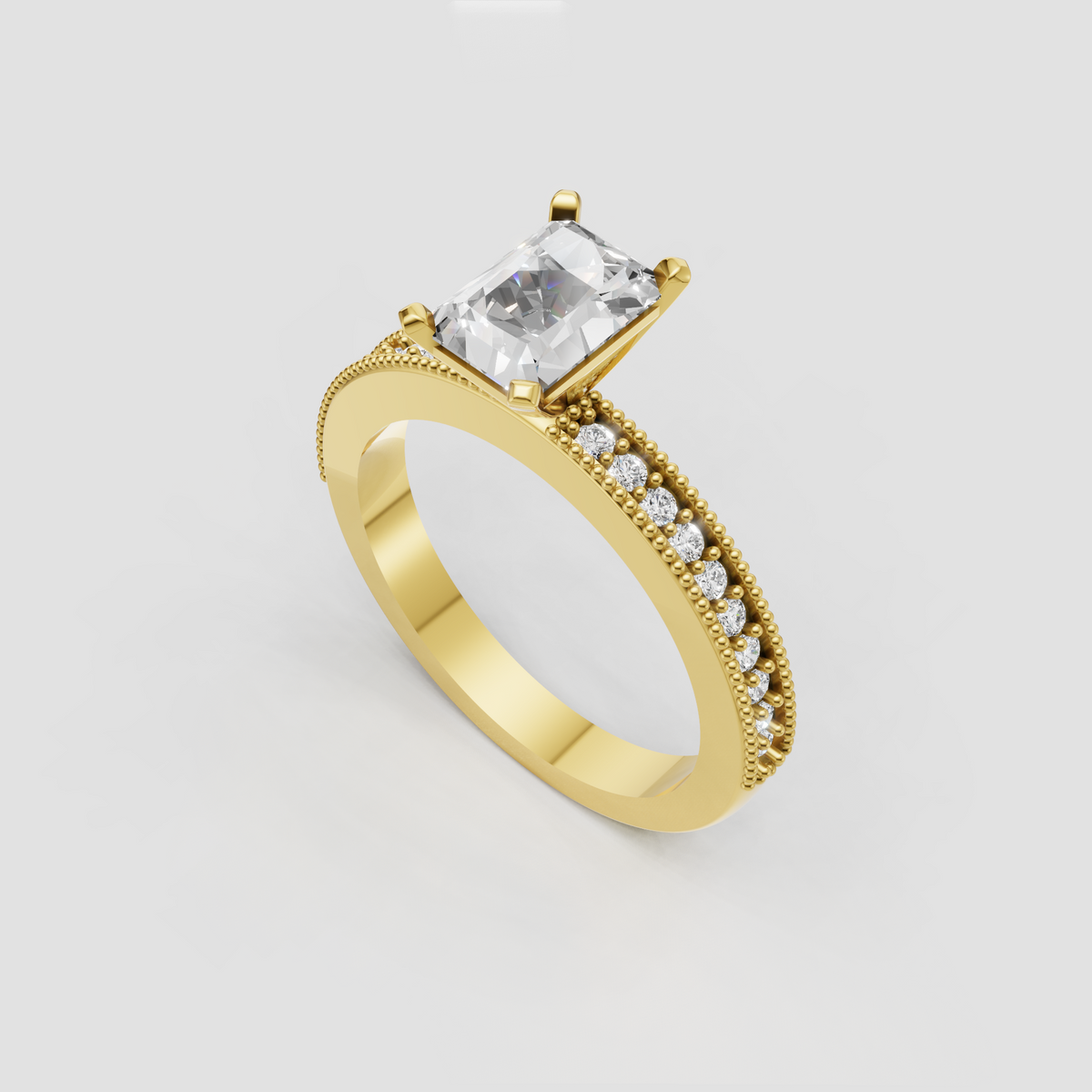 Radiant cut diamond ring featuring vintage-inspired milgrain detailing and accent diamonds