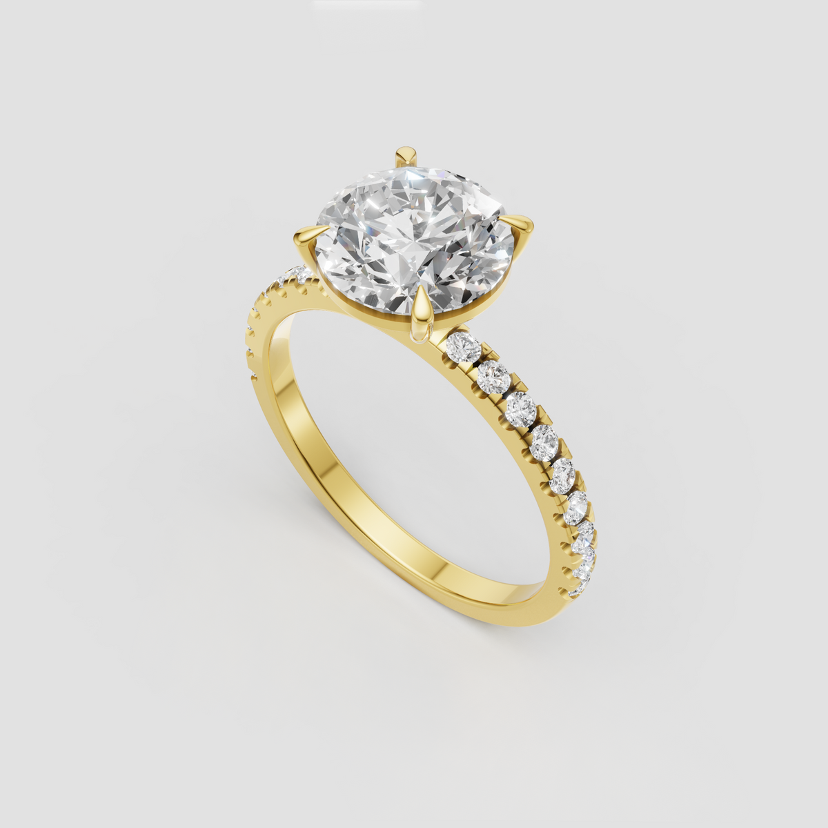 Yellow gold round diamond ring with pavé band