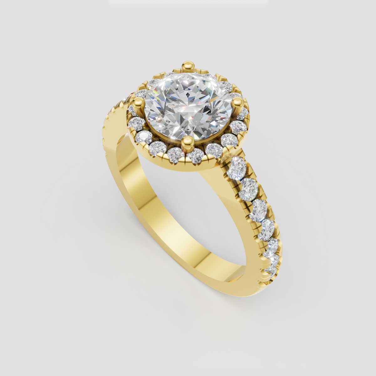 Round cut diamond halo engagement ring with pavé band