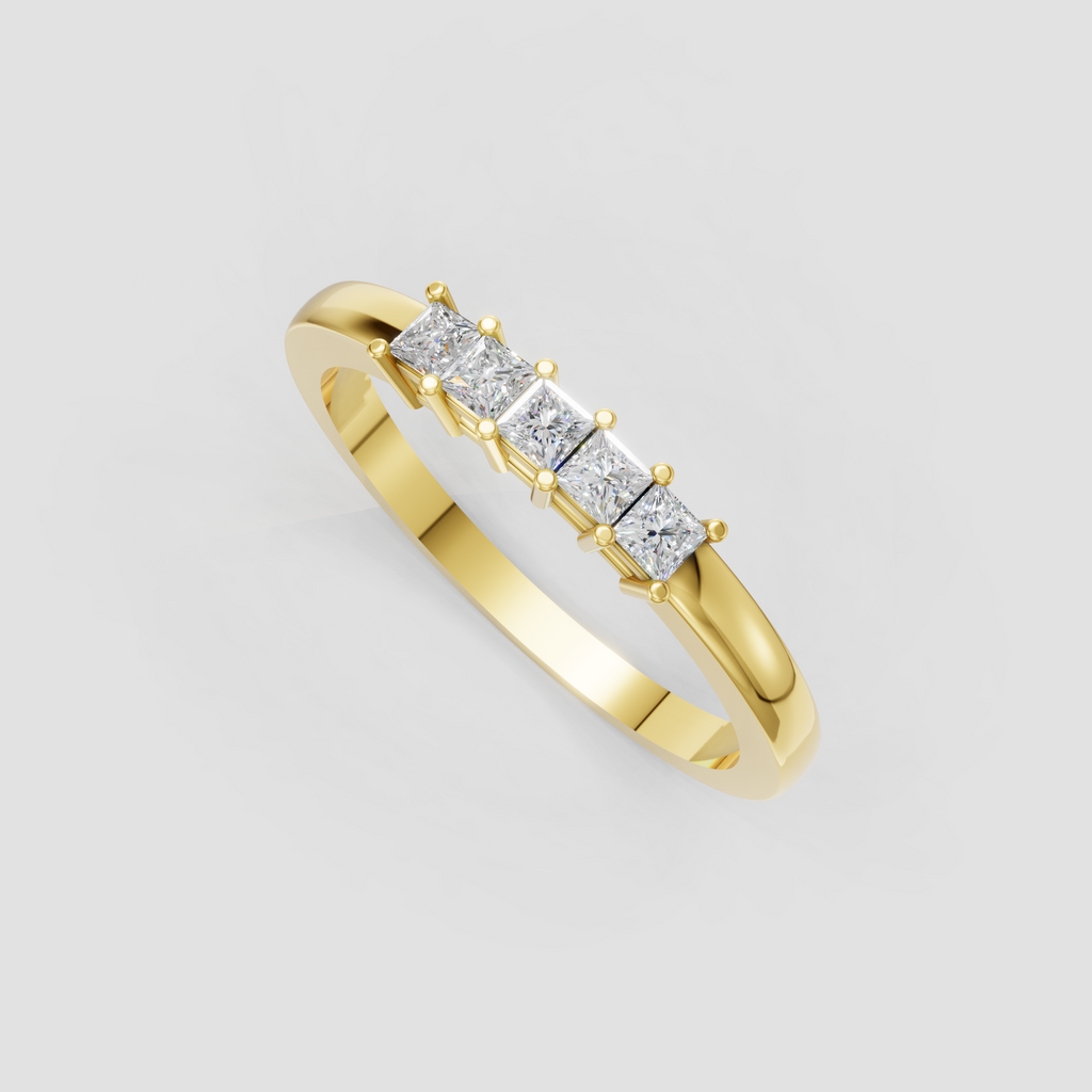 Five-stone princess cut diamond ring featuring a smooth yellow gold band