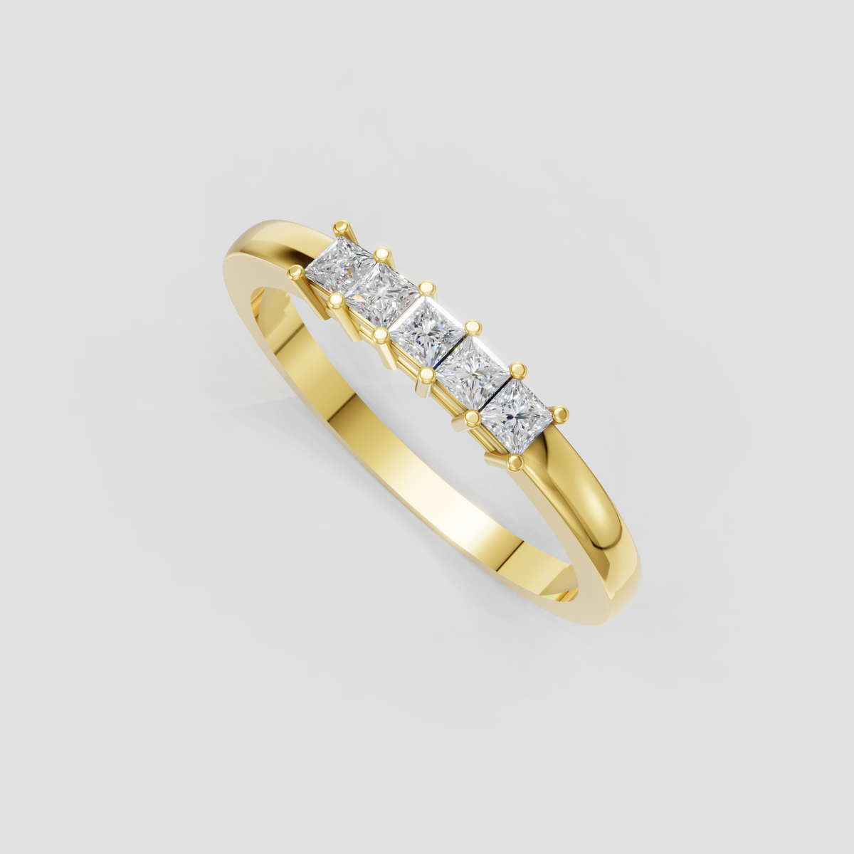 Five-stone princess cut diamond ring featuring a smooth yellow gold band