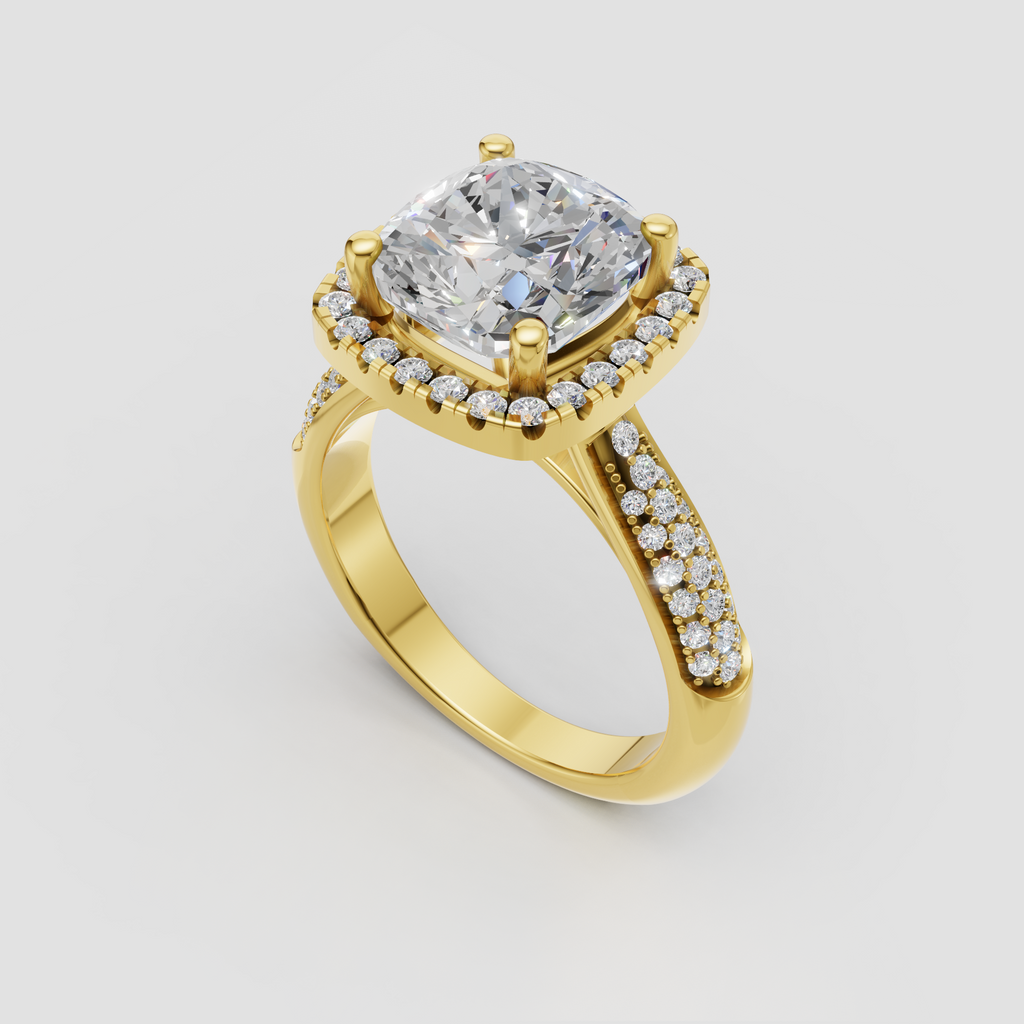 Cushion cut diamond engagement ring with full pavé halo