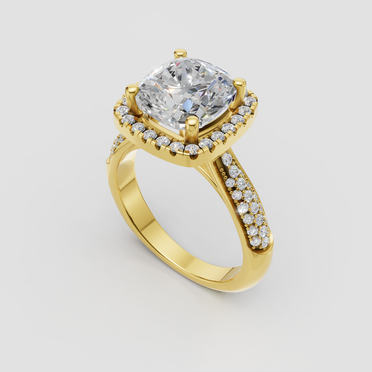 Cushion cut diamond engagement ring with full pavé halo