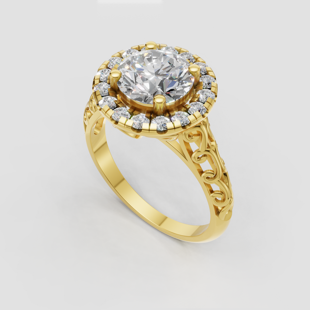 Luxury round diamond halo ring featuring ornate scrollwork shoulders
