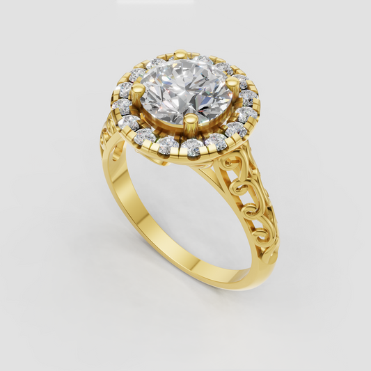 Luxury round diamond halo ring featuring ornate scrollwork shoulders
