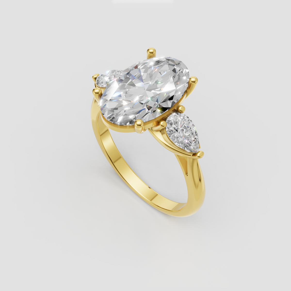 Oval center diamond engagement ring with sculptural three-stone setting and marquise accents