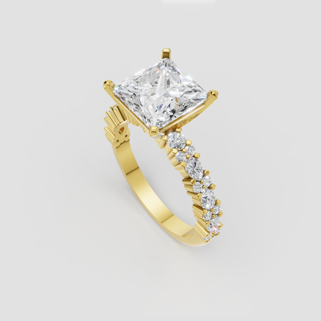 Princess cut diamond ring featuring alternating oval and round side stones