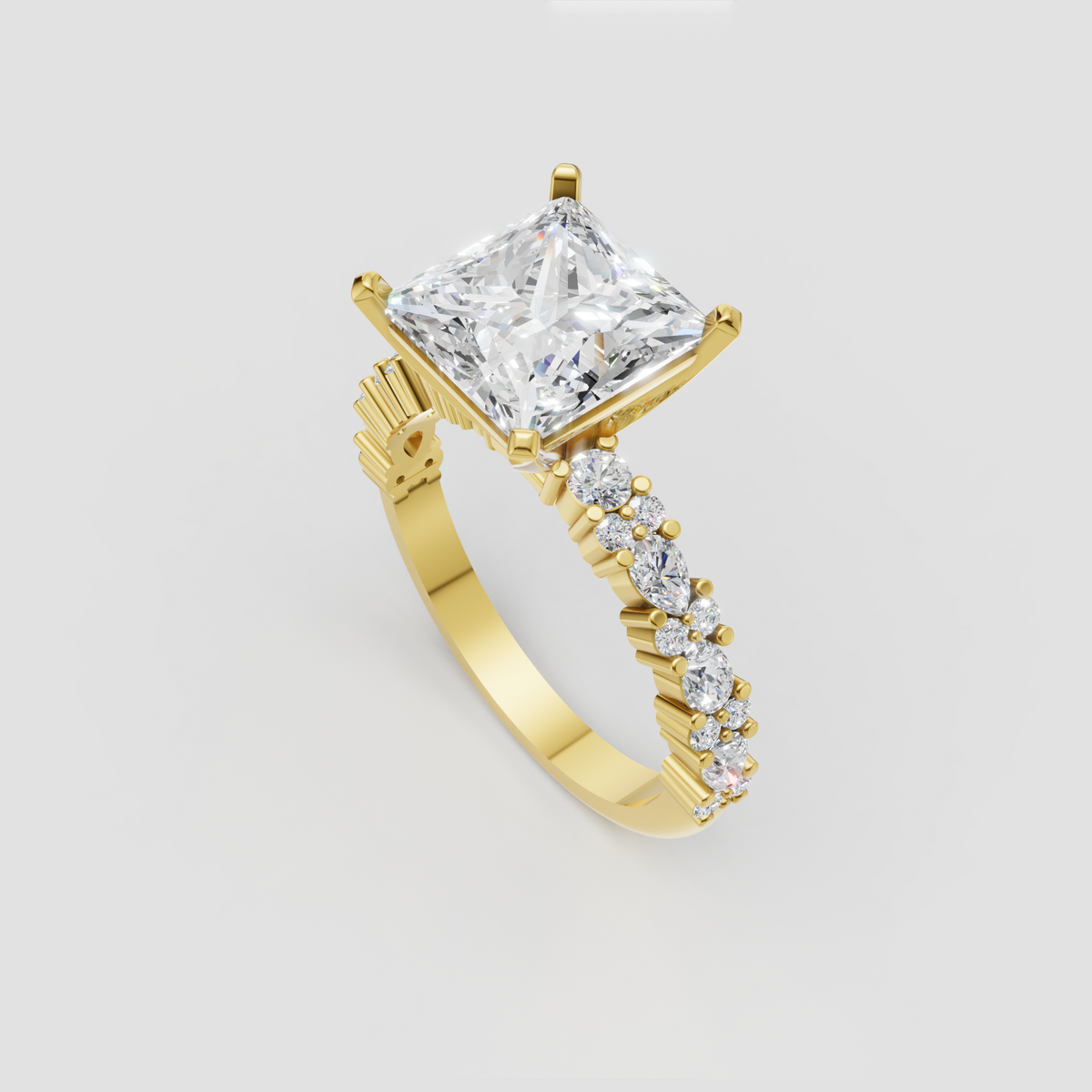 Princess cut diamond ring featuring alternating oval and round side stones