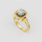 Cushion cut diamond halo ring with sparkling diamond accents and polished gold band