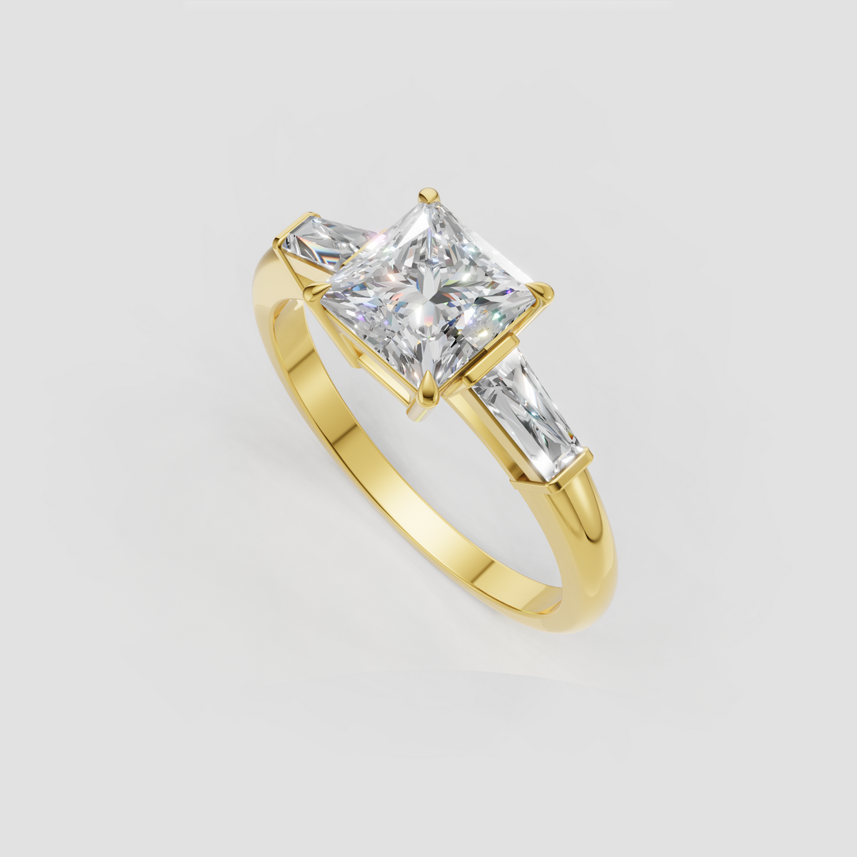 Square princess cut diamond ring with four prong setting and baguette accents