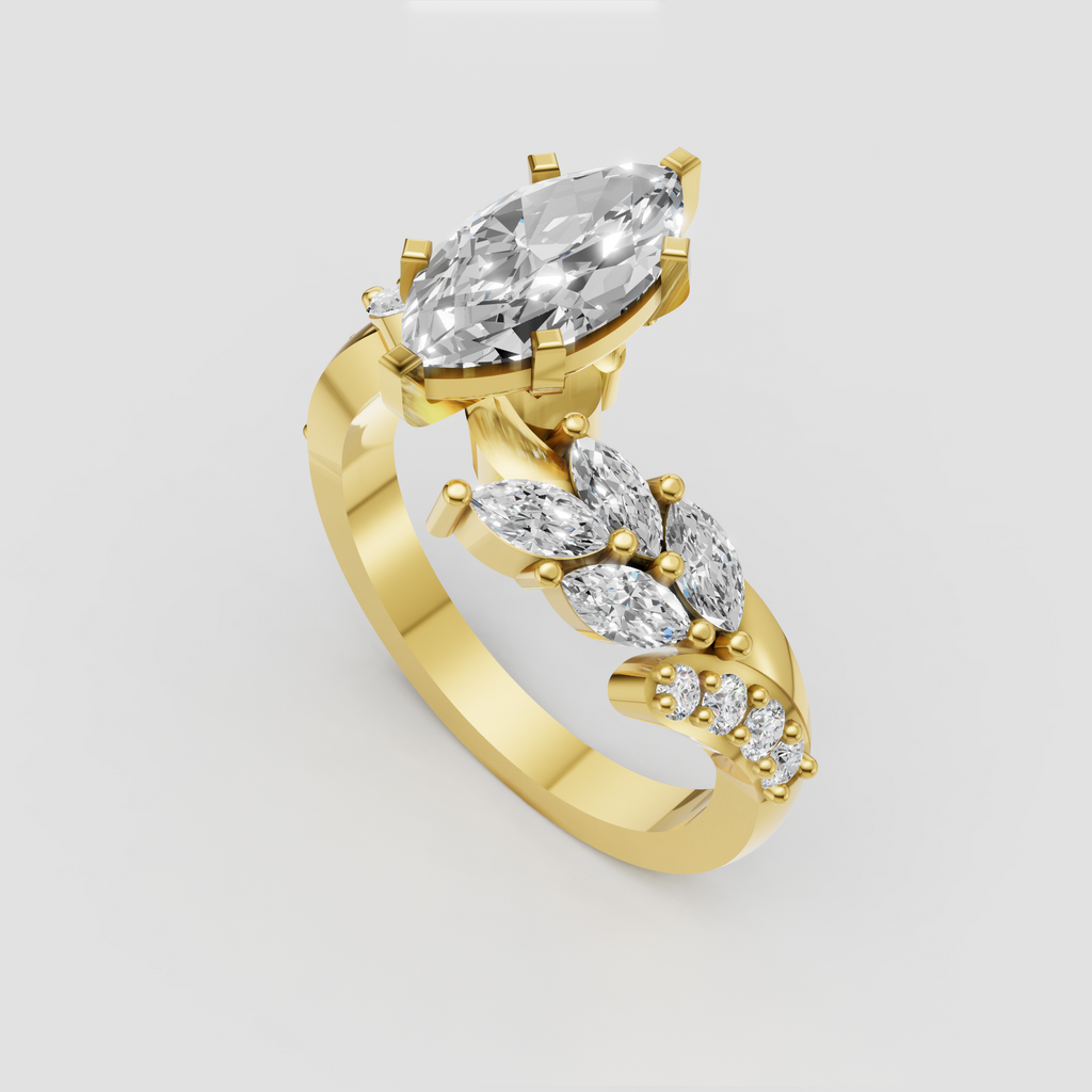 Flower-inspired marquise diamond bypass ring with diamond accents