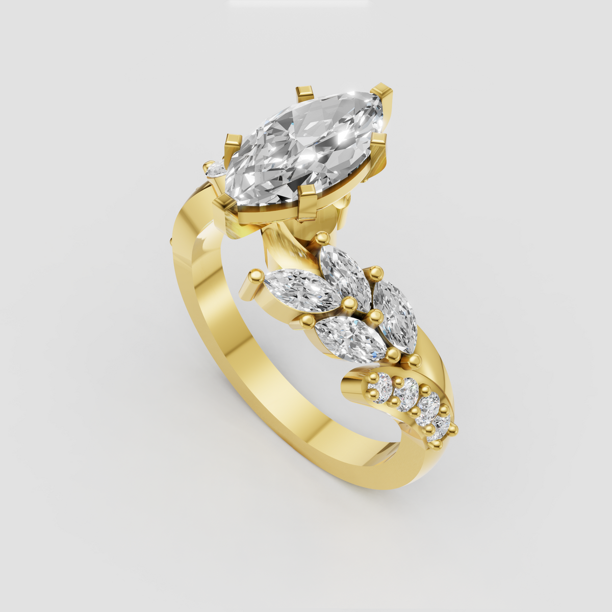 Flower-inspired marquise diamond bypass ring with diamond accents