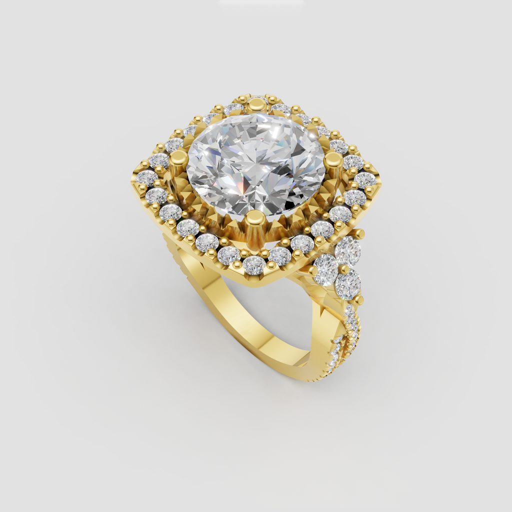 Round brilliant diamond halo ring with vintage-inspired yellow gold setting