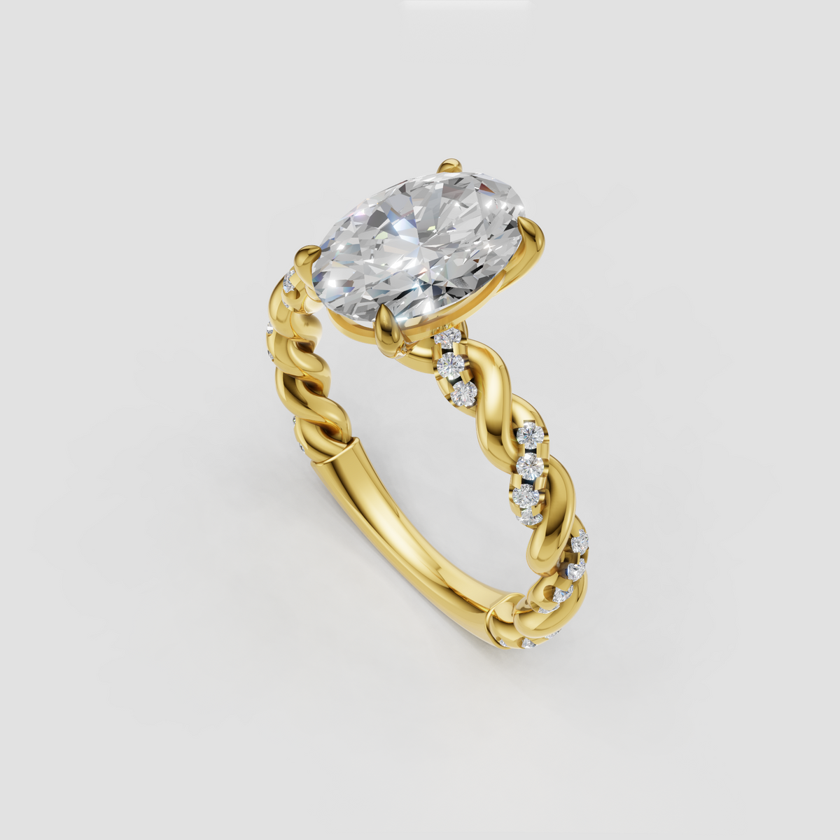 Oval cut diamond engagement ring with intricate twisted gold band
