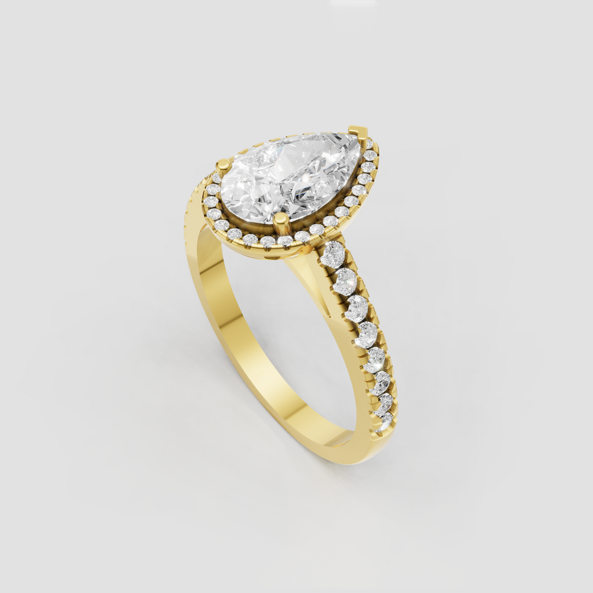 Pear shaped diamond ring with sparkling round stone halo