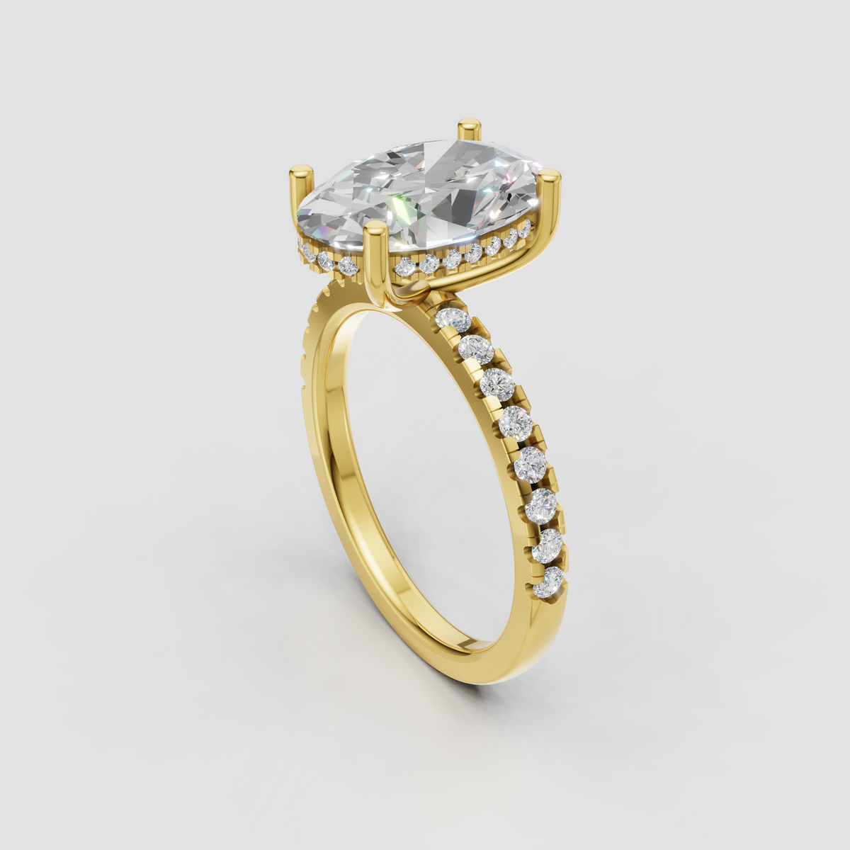 Oval diamond engagement ring with hidden halo and diamond accent band