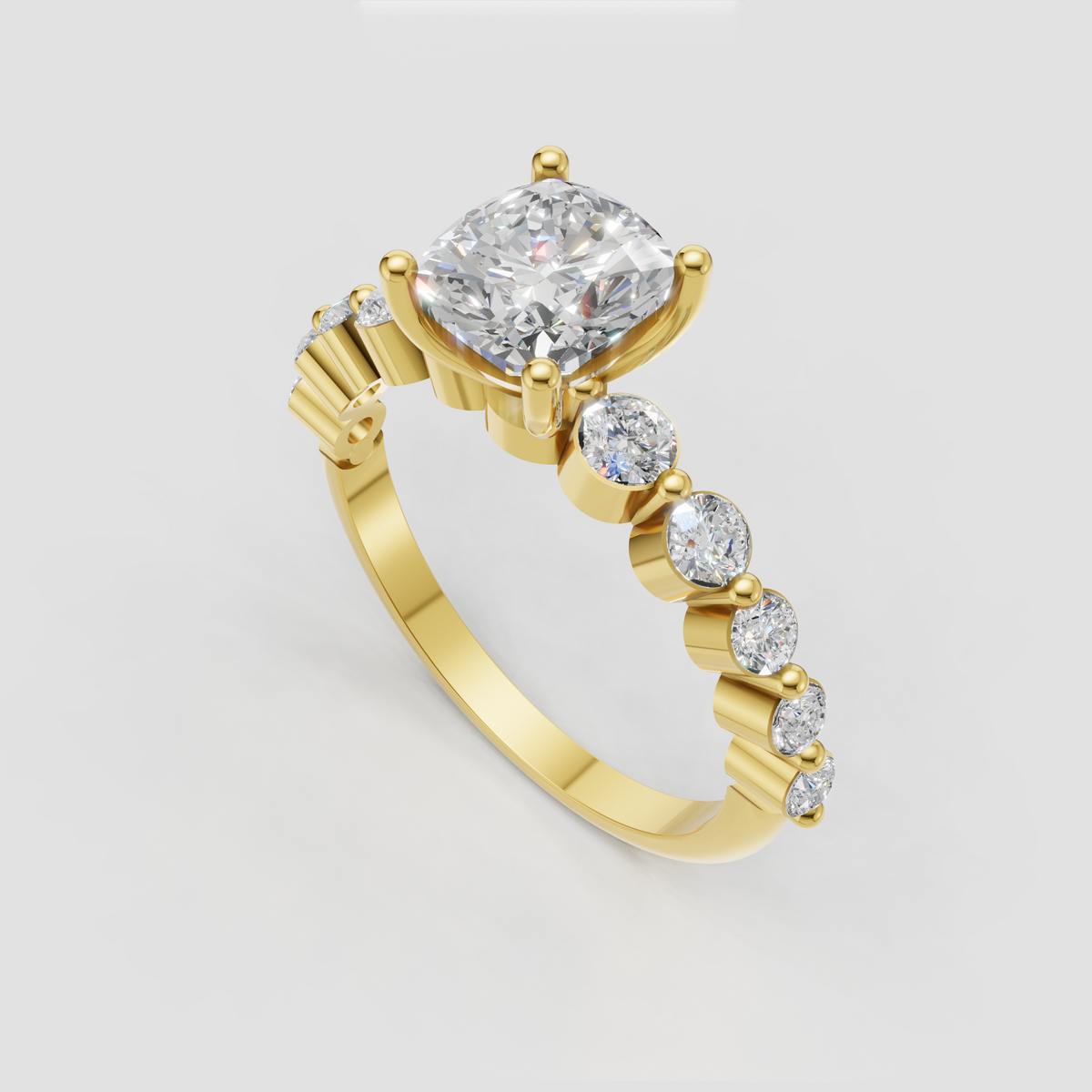 Cushion cut diamond engagement ring with sparkling round side stones