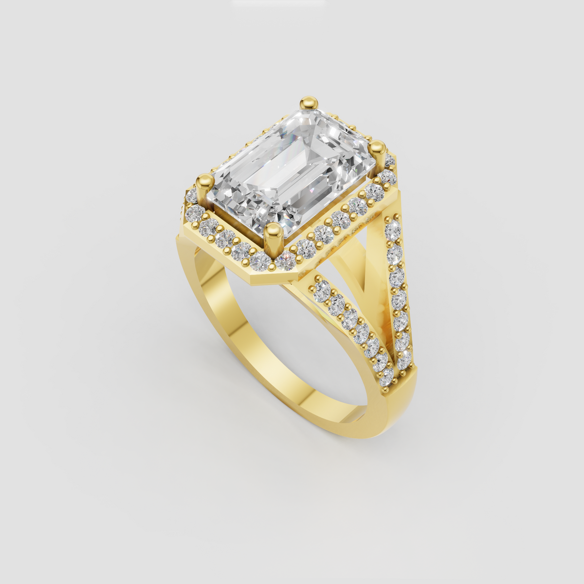 Emerald cut diamond engagement ring with sparkling halo