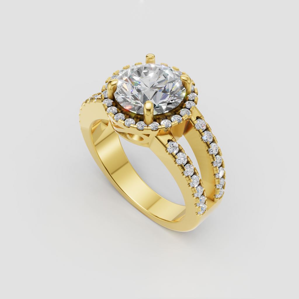 Round diamond halo ring with sparkling double row split shank