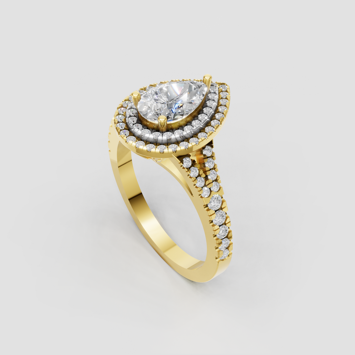 Pear Diamond engagement ring featuring a sparkling double halo and pavé shank
