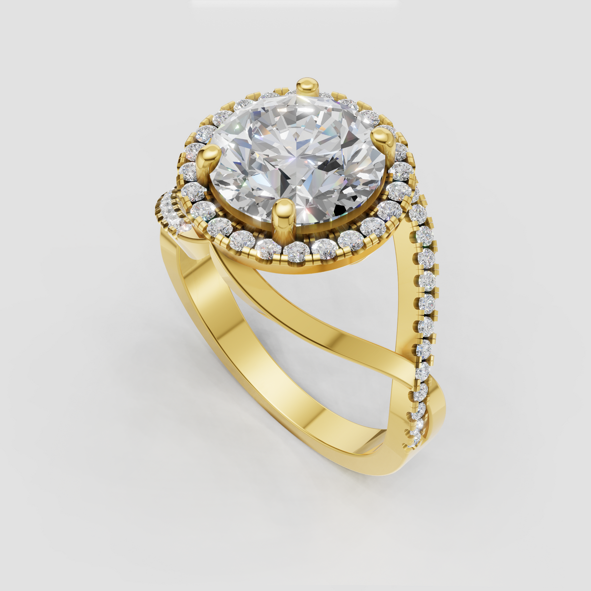 Round diamond halo engagement ring in yellow gold