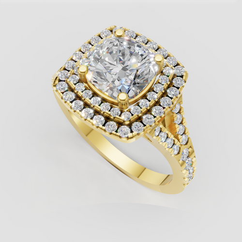 Cushion diamond engagement ring with double round stone halo