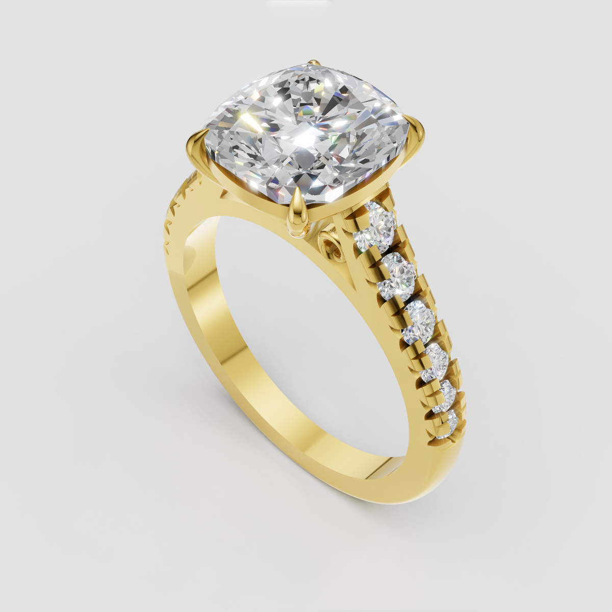 Cushion cut diamond ring with four-prong setting and pave band