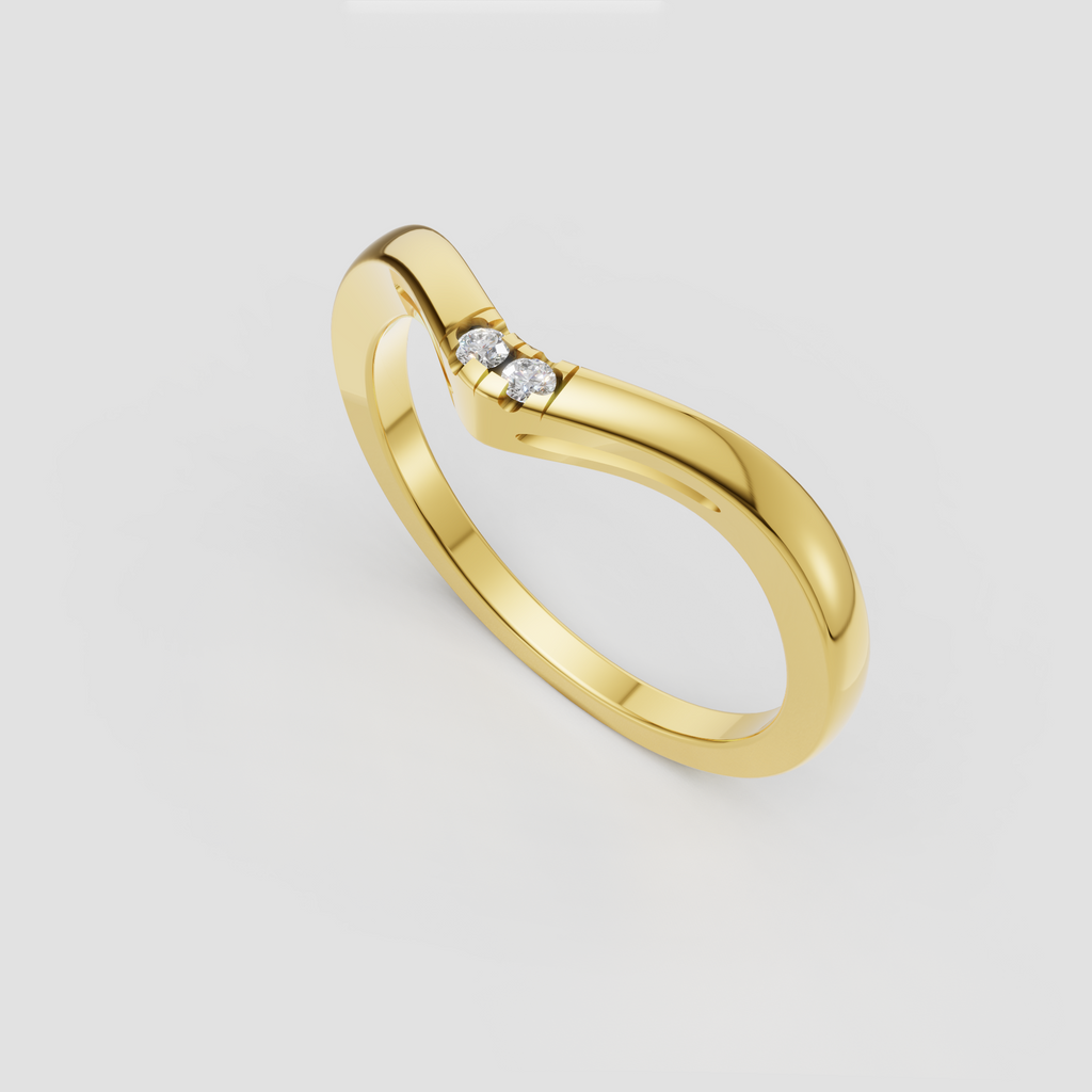Curved cut diamond twin stone ring with sculptural chevron band