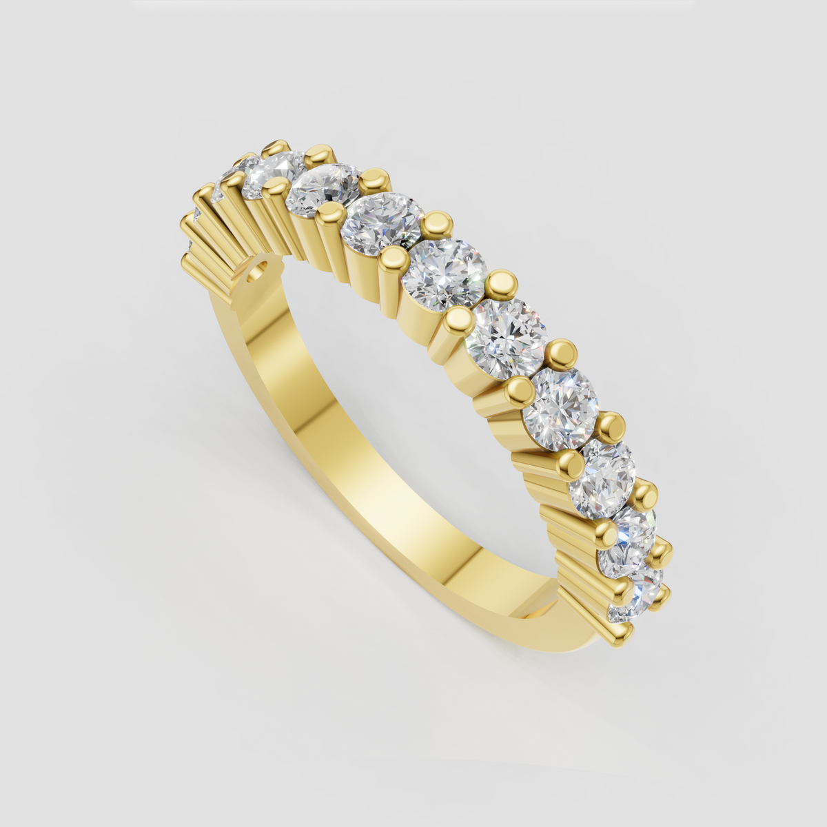 Round diamond half eternity wedding band with prong setting