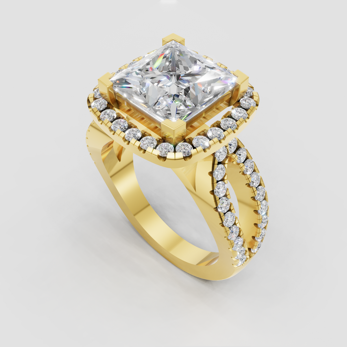 Princess cut diamond halo engagement ring with split shank band