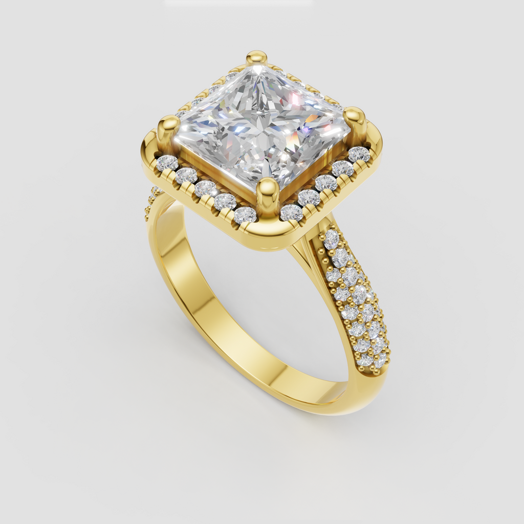 Princess Cut Diamond Halo Engagement Ring in yellow gold