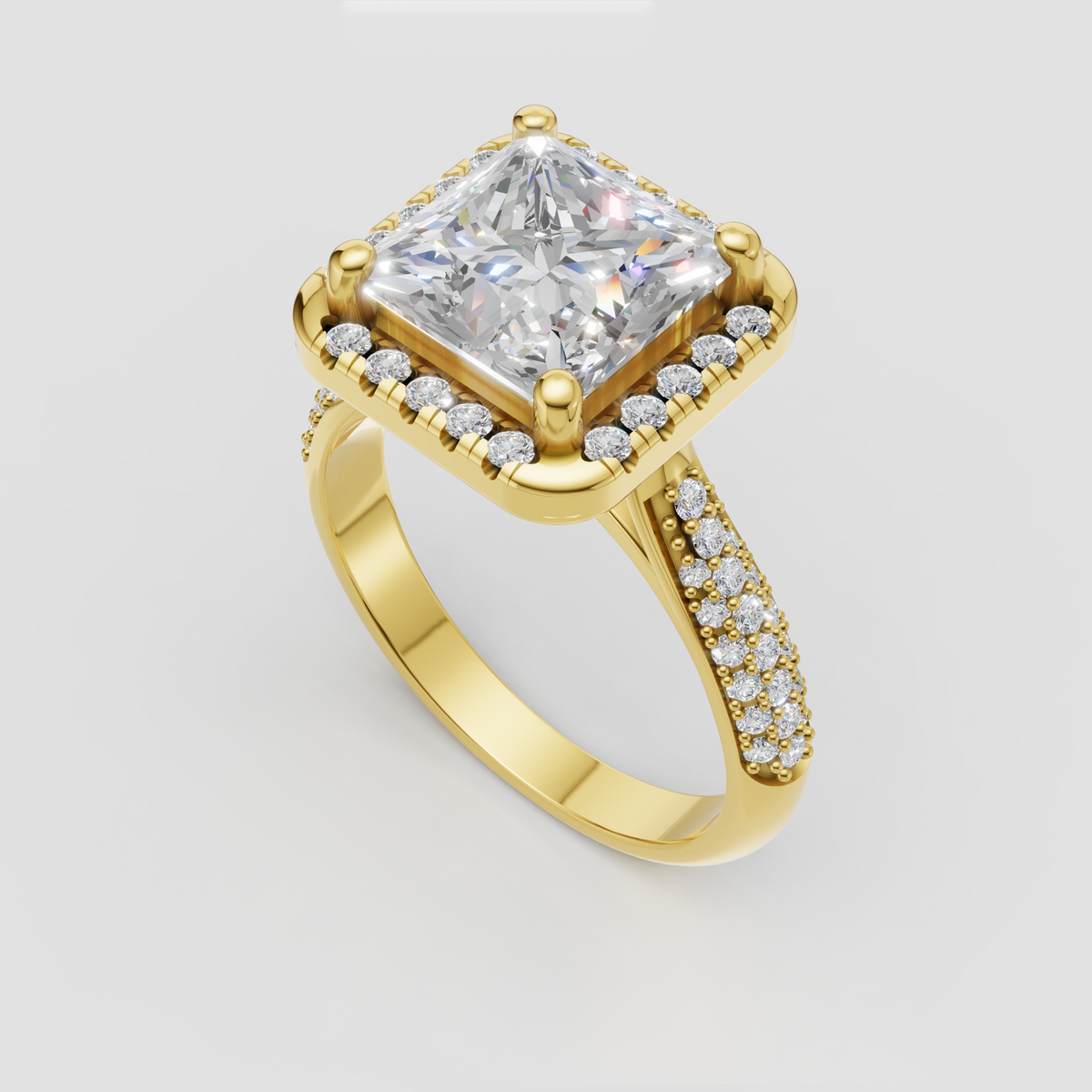 Princess Cut Diamond Halo Engagement Ring in yellow gold