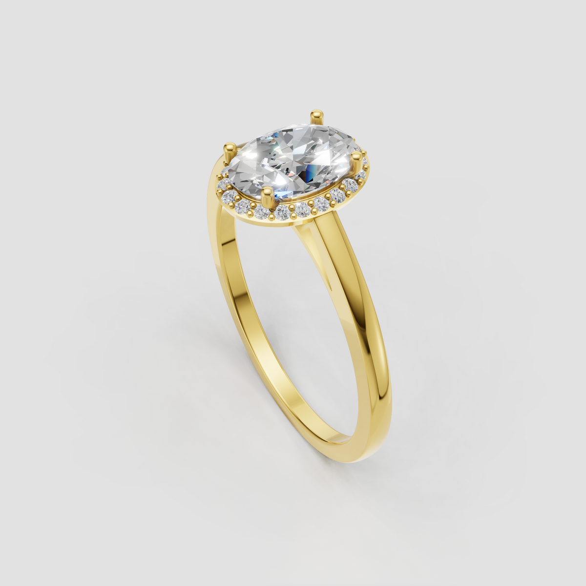 Oval cut diamond halo engagement ring in polished yellow gold