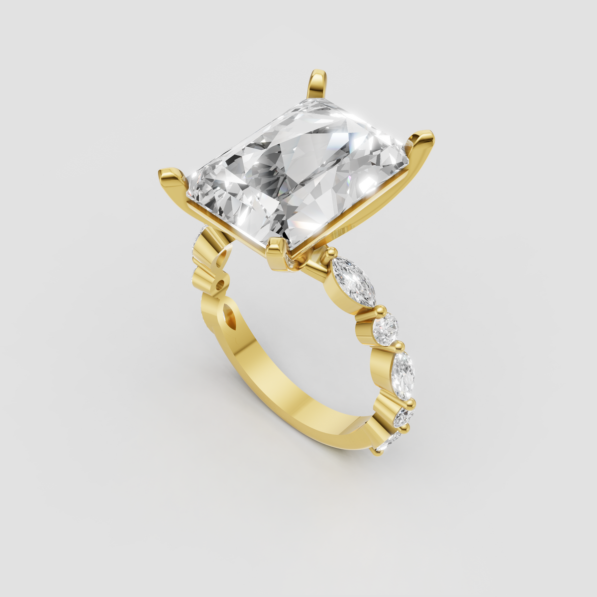 Radiant cut diamond engagement ring featuring four protective corner prongs