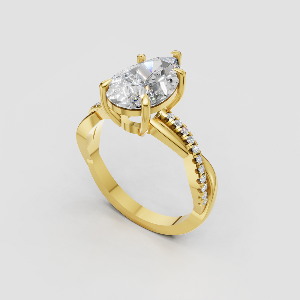 Pear cut diamond ring with twisted gold band