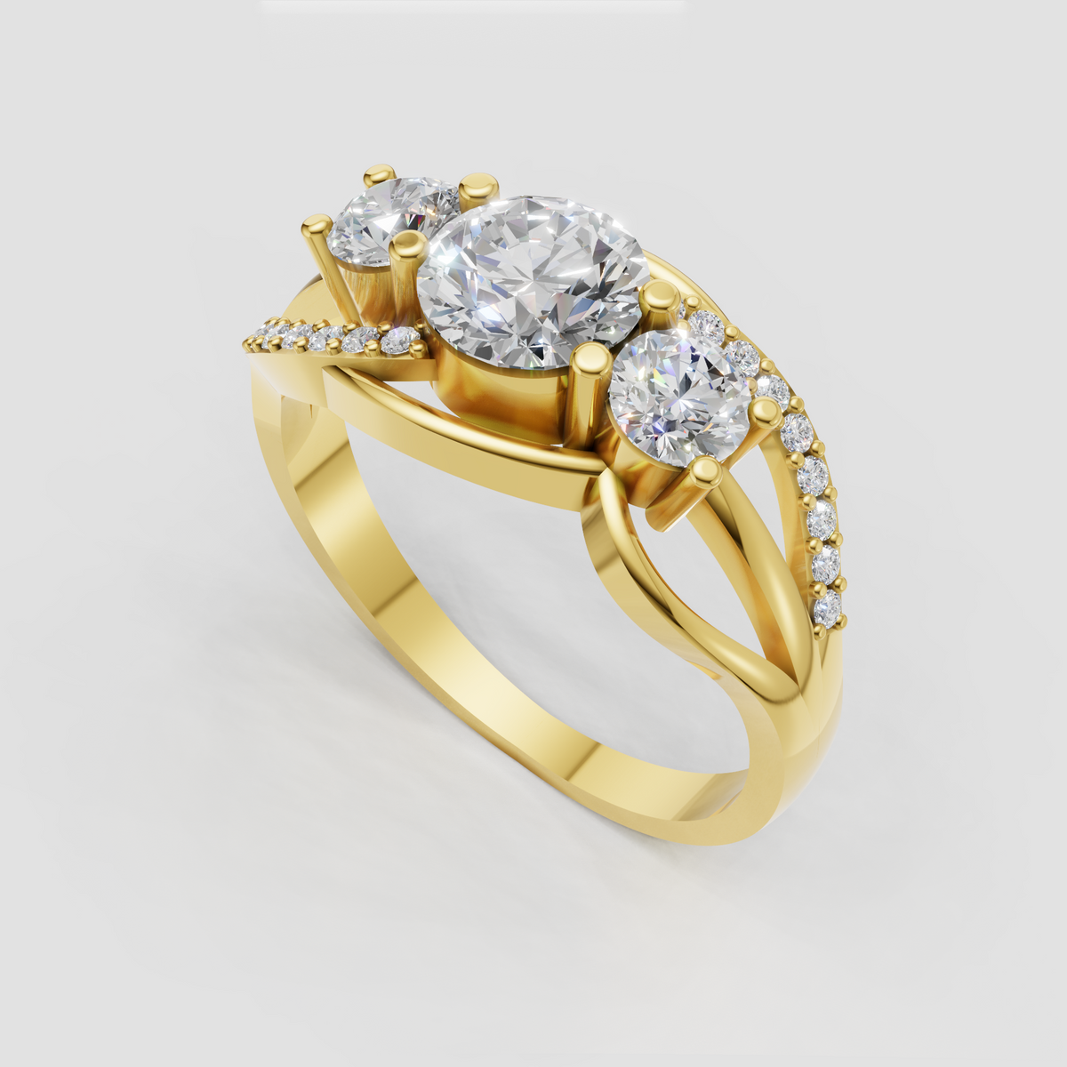 Round diamond three stone engagement ring with pavé shoulders