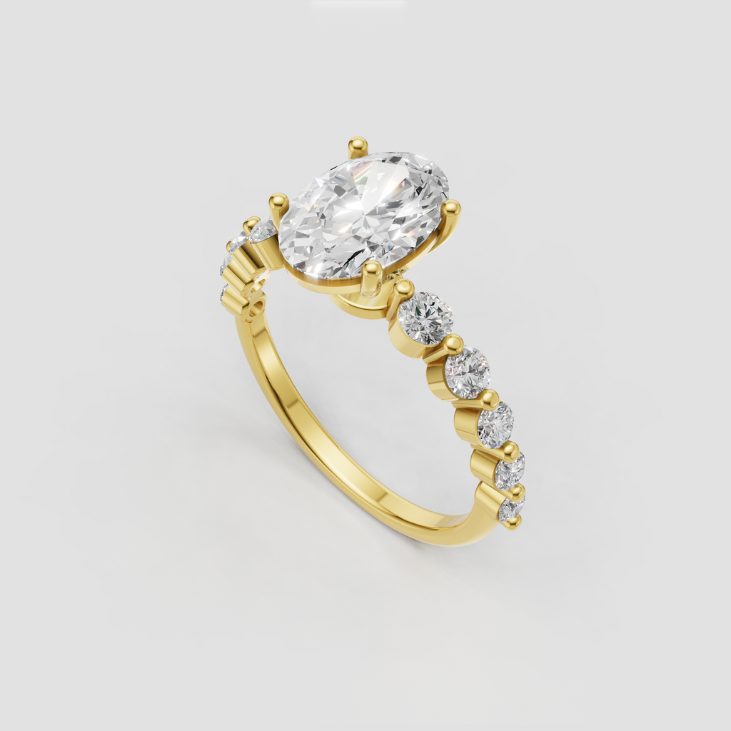 Oval diamond engagement ring with four prong setting and graduated side stones