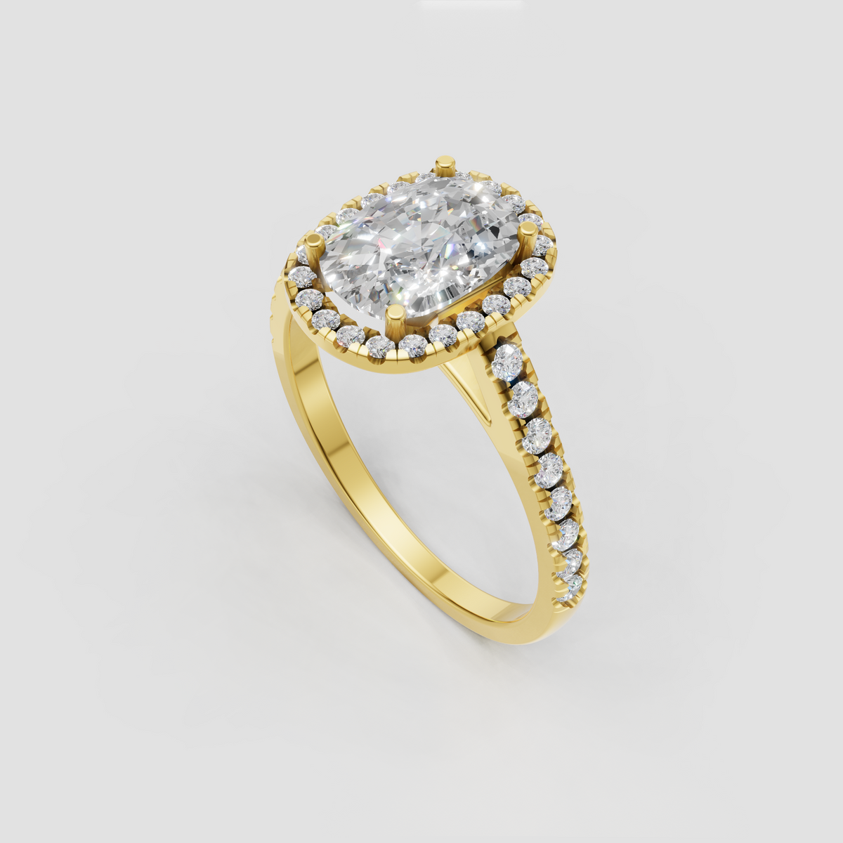 Elongated cushion diamond engagement ring with full pavé halo and cathedral setting
