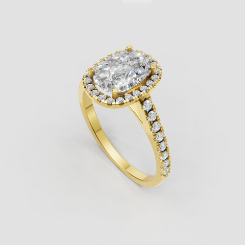 Elongated cushion diamond engagement ring with full pavé halo and cathedral setting