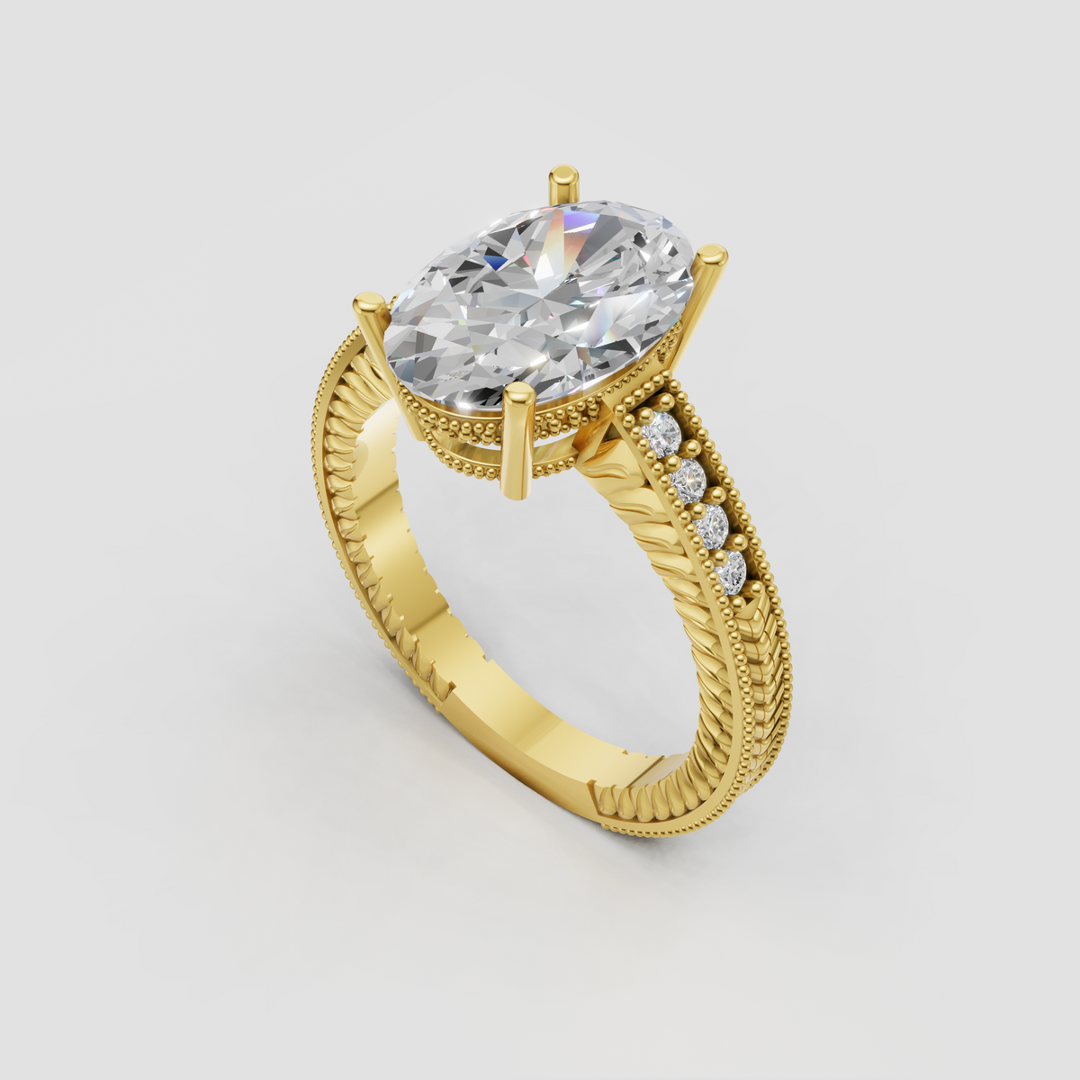 Oval cut diamond engagement ring with vintage pavé detailing