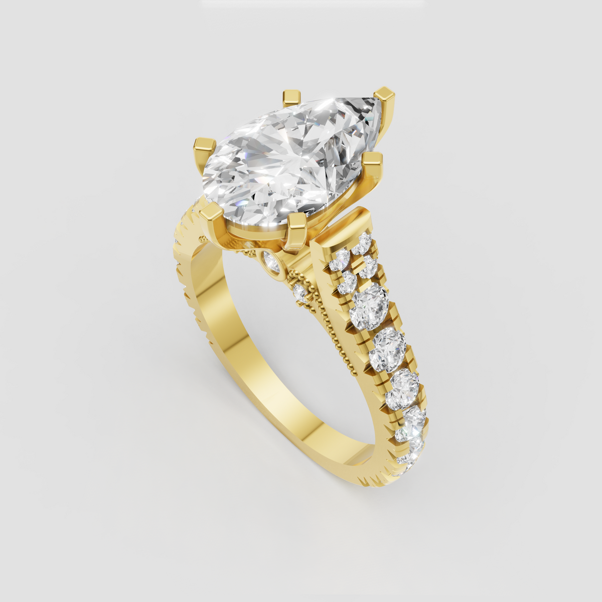 Pear cut diamond engagement ring with intricate milgrain gallery detailing