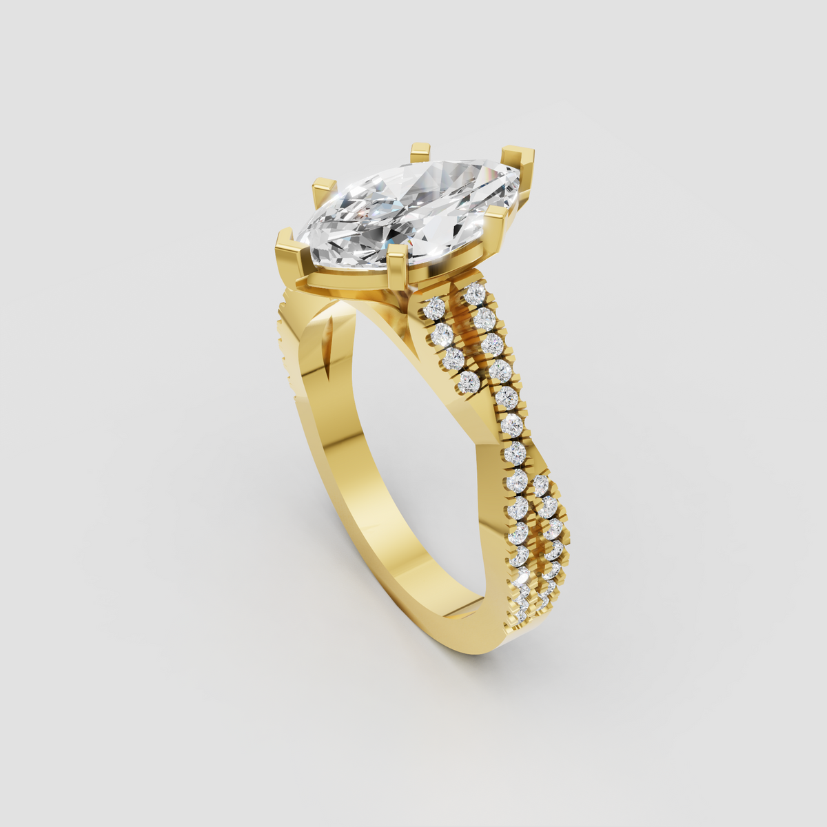Elegant marquise shaped diamond engagement ring featuring cathedral shoulders and sparkling pavé side stones.