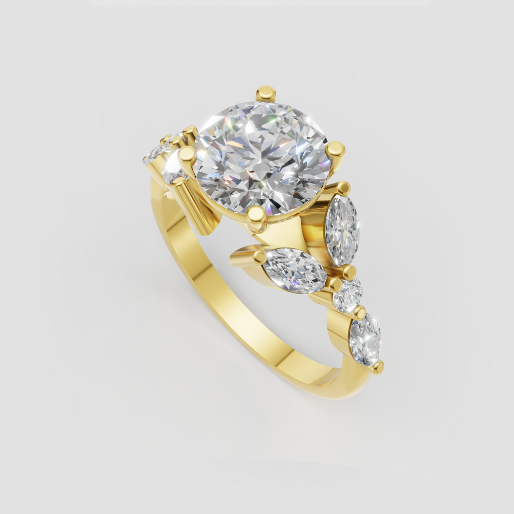 Round cut diamond ring with nature inspired marquise cluster setting