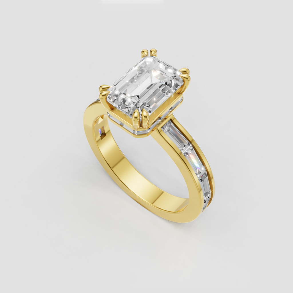 Emerald cut diamond solitaire ring with four-prong setting and baguette band