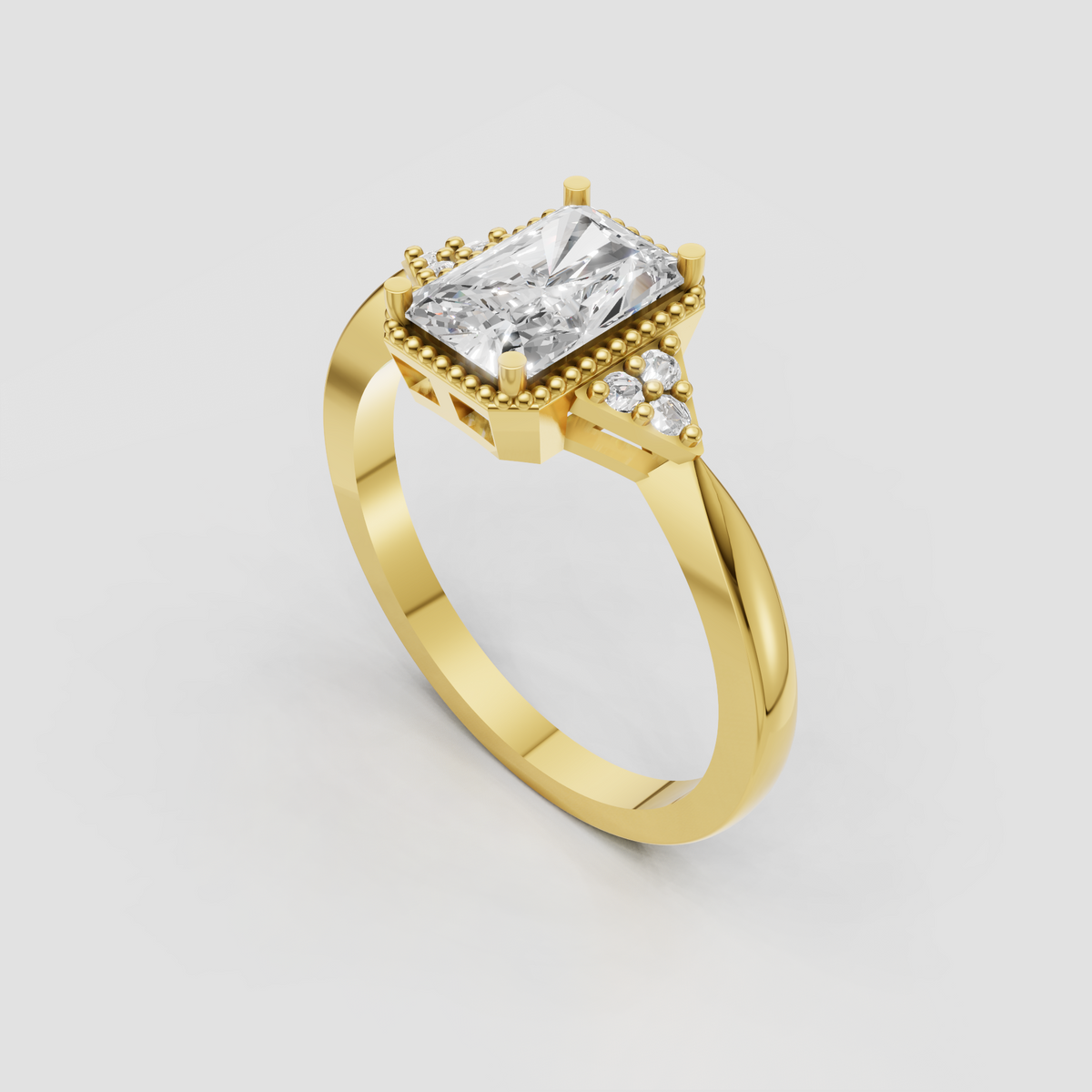 Rectangular Radiant diamond ring with vintage-inspired beaded halo