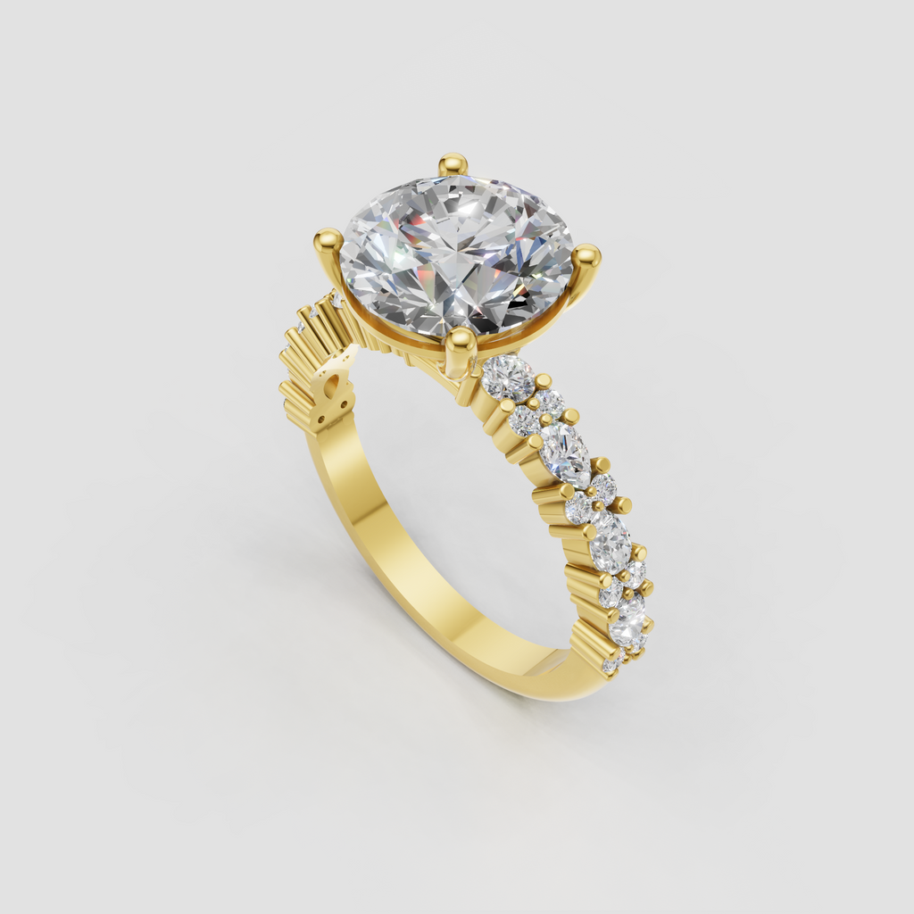 Round cut diamond engagement ring with sparkling accent band